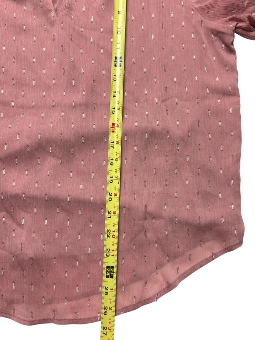 NWT Chicos Dusty Rose Metallic Clip Dot Ruffleneck Blouse • Size 1 / US M • $100 - Picture 9 of 12